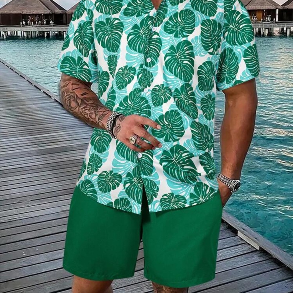 Manfinity Swimmode 2pcs/Set Tropical Print Short Sleeve Shirt And Shorts